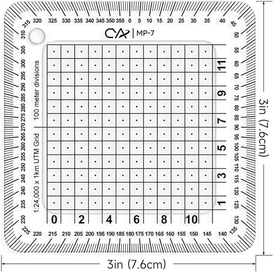CYA MP-7 Square Military Map Coordinate Scale Protractor - 8x8cm UTM Tool | Square 8x8cm UTM map grid tool dividing 1km grids into 100m squares with 50m center dots. Includes degree compass rose.