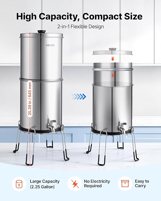 VEVOR Gravity-fed Water Filter System, 2.25G 304 Stainless-Steel Countertop Water Filtration System, Reduces Lead and up to 99% of Chlorine, w/ 2 Carbon Filter, 2 Defluorination Filter, Spigot, Stand
