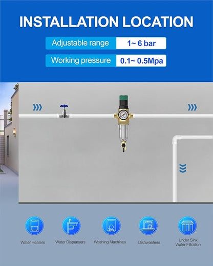 Water Pressure Regulator, with Spin Down Sediment Filter & Gauge for Home, 50 Micron, 1.25" MNPT + 1" FNPT + 1" MNPT, Heavy Duty Brass