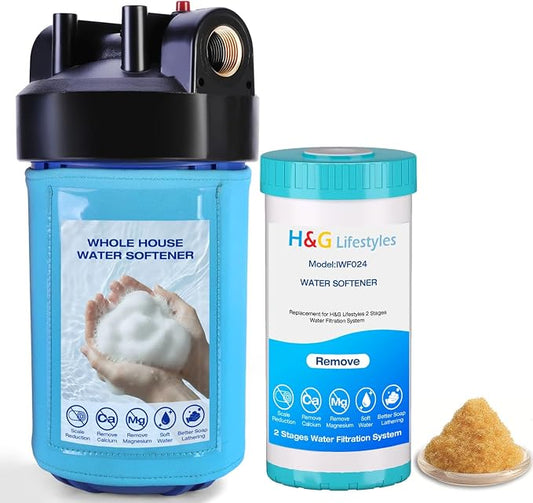 H&G Lifestyles Whole House Portable Water Softener 50,000 Gallons | Hose Filter for Hard Water,Inline Small Water Softener for Washing Machine Water Heater,Scale Inhibitor Filter