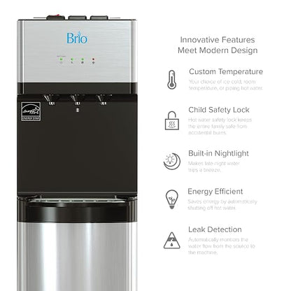 Brio 520 UV Self-Cleaning Bottleless Water Cooler Dispenser, UL Certified | Built-in 2 Stage Filtration (2 Free Replacement Filters Included) Reduces PFAS & Microplastics | 3 Temp (Hot Cold, Room)