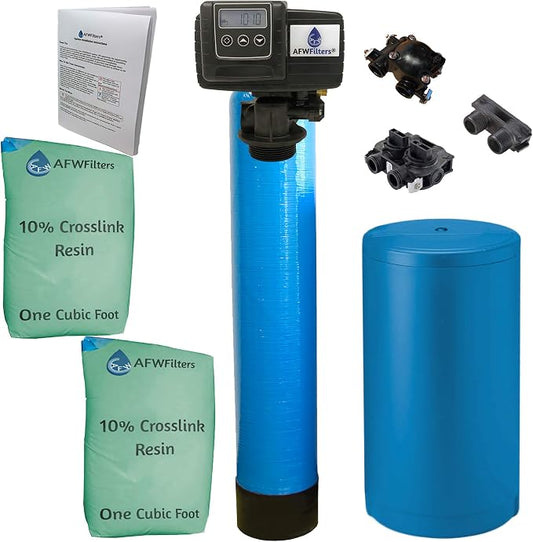 AFWFilters 2 cubic Foot (64k) Whole Home Water Softener with Durable 10% Crosslink Resin, 1" Plastic MNPT Connection, and Blue Tanks