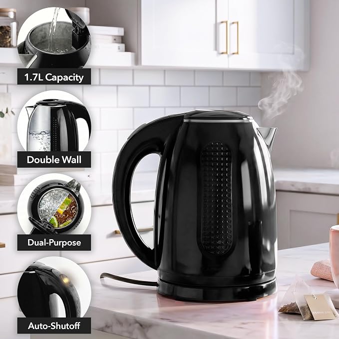 OVENTE 1.7L Double Wall Electric Tea Kettle, 1100W Water Boiler and Heater with Cool-Touch Exterior, Stainless Steel Insulated Interior, Auto Shut-Off, Boil-Dry Protection & Locking Lid, Black KD64B