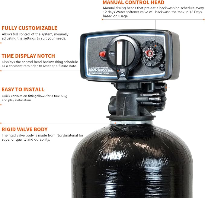 Whole House Water Softener Valve 32,000 Grains - High Performance Automatic Digital Metered Control Head,Reduces Hardness & Minerals - Improve Water Quality - for 1-2 bathrooms - Model 5600