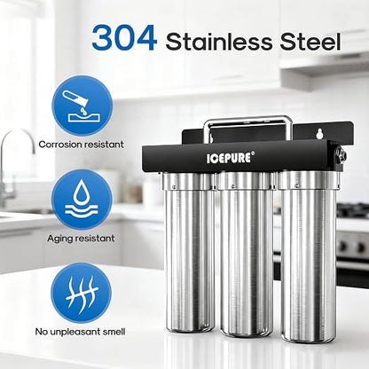 ICEPURE 3-Stage Under Sink Water Filter System, Stainless Steel Ultra Filtration Water Purifier, High Flow Long Lasting Filter, Direct Connect Drinking Water Filtration System for Kitchen