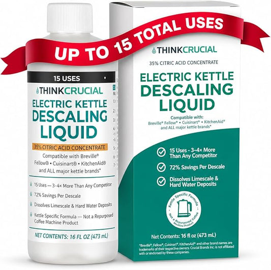Think Crucial Electric Kettle Descaler, 15 Uses, 35% Citric Acid Concentrate — Compatible with Breville, Fellow, Cuisinart, KitchenAid — 16 fl oz