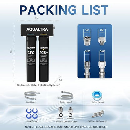 AQUALTRA USF-2B-15 Slightly Alkaline Under Sink Filter System, 28K Gal, Reduce PFOA, PFOS, Chlorine, Lead, Mercury, Chloramine, Fluoride, Microplastics Particles, Bad Taste & Odor