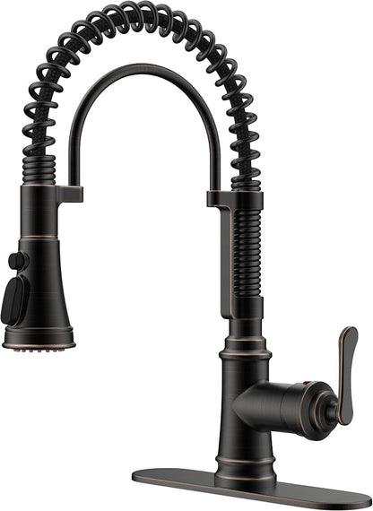 FORIOUS Kitchen Faucet with Pull Down Sprayer, Oil Rubbed Bronze, Stainless Steel Single Handle Spring Antique Kitchen Sink Faucet with Deck Plate, Sutiable for Farmhouse, RV, Camper, Wet Bar