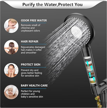 FEELSO Filtered Shower Head with Handheld, High Pressure 3 Spray Mode Showerhead with 60" Hose, Bracket and 15 Stage Water Softener Filters for Hard Water Remove Chlorine and Harmful Substance