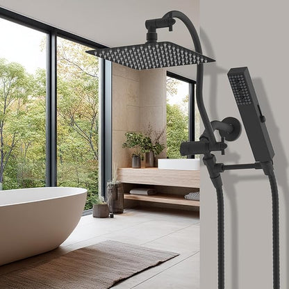 Hibbent All Metal cUPC Certified Shower Head, 8'' High Pressure Rainfall Showerhead Combo, Handheld Shower Wand, 12'' Adjustable Extension Arm, 4-Spray, 71'' Hose, Brass Shower Holder, Matte Black