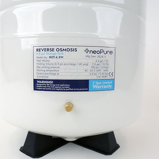Neo-Pure Reverse Osmosis Storage Tank – 4.5 Gallon Nominal Capacity (Approx. 3.0 Gallon Usable), Durable Steel RO Tank for Under-Sink Filtration Systems, Includes Shut-Off Valve