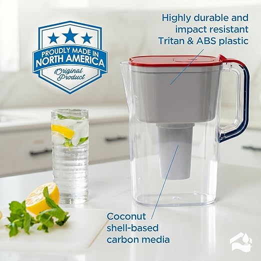 HOMEWATER 10-Cup Pitcher Filter (Red, White and Blue America Pitcher) – BPA-Free, High-Capacity 2.4L Fast-Flow Carbon Filter, Easy Pouring, Removable Filter Replacement, Locking Lid, Dishwasher-Safe