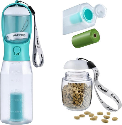 Cibaabo Dog Water Bottle with Food Container & Poop Bag Holder & Filter | Travel Water Bowl, Portable Pet Dispenser, Dog Gifts, Puppy Essentials for Walking Hiking