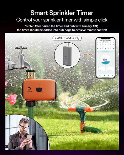 Lumary WiFi Water Timer for Garden Hose w/Hub Brass Inlet, Work with Alexa | Brass Inlet, Support Rain Delay/Remote/Auto/Manual, Battery Sprinkler Timer for Drip Irrigation System, Programmable Faucet