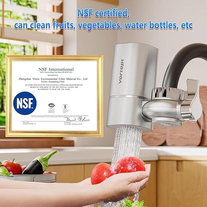 Vortopt Faucet Filter,NSF Certified,400 Gallon High Efficiency Water Purification System, Fast 99% Chlorine & Odor Removal,Modern Simple Silver with 1 Water Filter（T1-Silver）