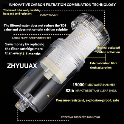 2 Micron Carbon Washer Water Filter, Visible Washing Machine Water Filter System, 99.5% Removal of Chlorine Fluoride, Heavy Metals, Odors, Scale, Reduces Dry Skin ACF Shower Filter
