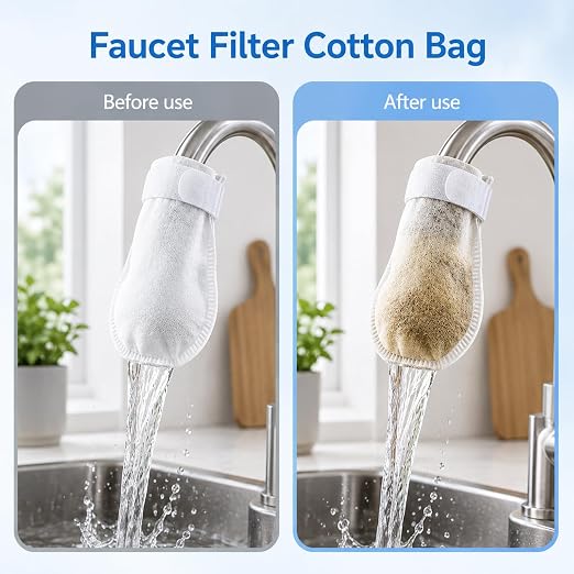 50 Pack High Density Faucet Filter, Splash Proof Cotton Pouch Kit,Tap Cartridge with Sediment Barrier,Fine Fiber Mesh Purifier,Water Clean Guard with Compact Style,Universal Anti-Splash Water Filter
