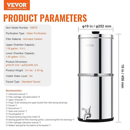 VEVOR Gravity-fed Water Filter System, 1.5G 304 Stainless-Steel Countertop System, Water Filtration System, Reduces Lead and up to 99% of Chlorine, with 2 Carbon Filters & Spigot, for Home Camping RV