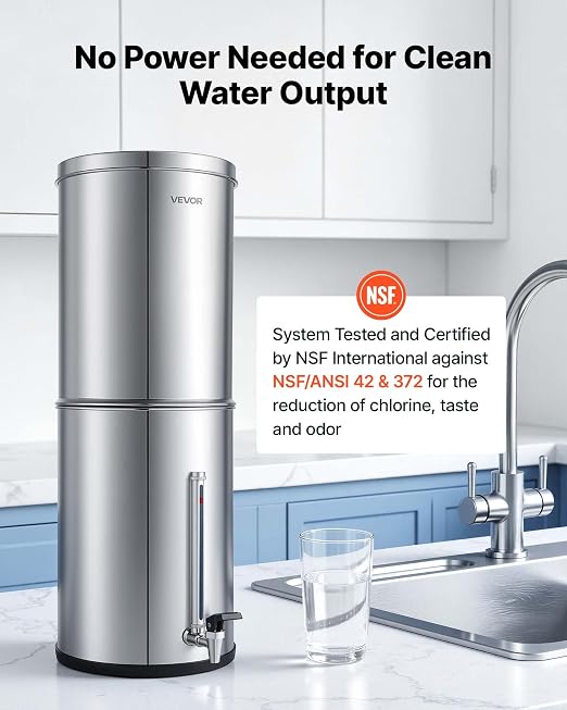 VEVOR Gravity-fed Water Filter System, 3.25G 304 Stainless-Steel Countertop Water Filtration System, Reduces Lead and up to 99% of Chlorine, with 2 Carbon Filters, Water Level Spigot, for Home Camping