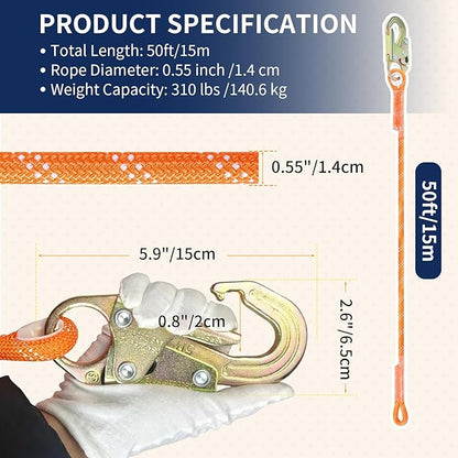 50FT Vertical Lifeline Assembly, 310LBS Capacity Fall Protection Safety Rope, Roofing & Tree Climbing Line Kit with Grab Hooks, Snap Hooks and Shock Absorber