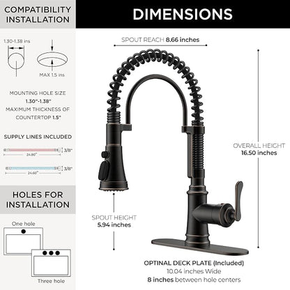 FORIOUS Kitchen Faucet with Pull Down Sprayer, Oil Rubbed Bronze, Stainless Steel Single Handle Spring Antique Kitchen Sink Faucet with Deck Plate, Sutiable for Farmhouse, RV, Camper, Wet Bar