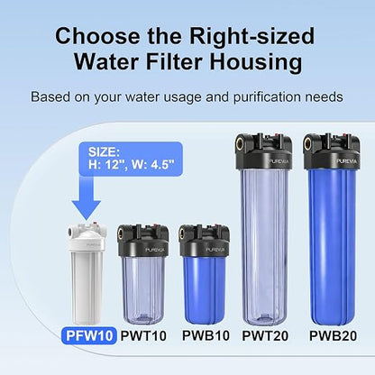 PFW10 Whole House Water Filter Housing, Fits 10” x 2.5” Big Filters, Inline Pre-Filtration System for RV, Home Well and City Water Sediment etc with 3/4" NPT Port, Pressure Relief Valve