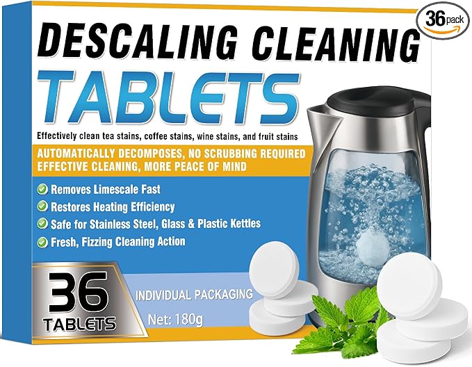 Kettle Descaler Tablet 36 Packs, Powerful Limescale Remover for Coffee Maker, Electric Kettle, Natural Citric Acid Formula, Hard Water Remover Tablets