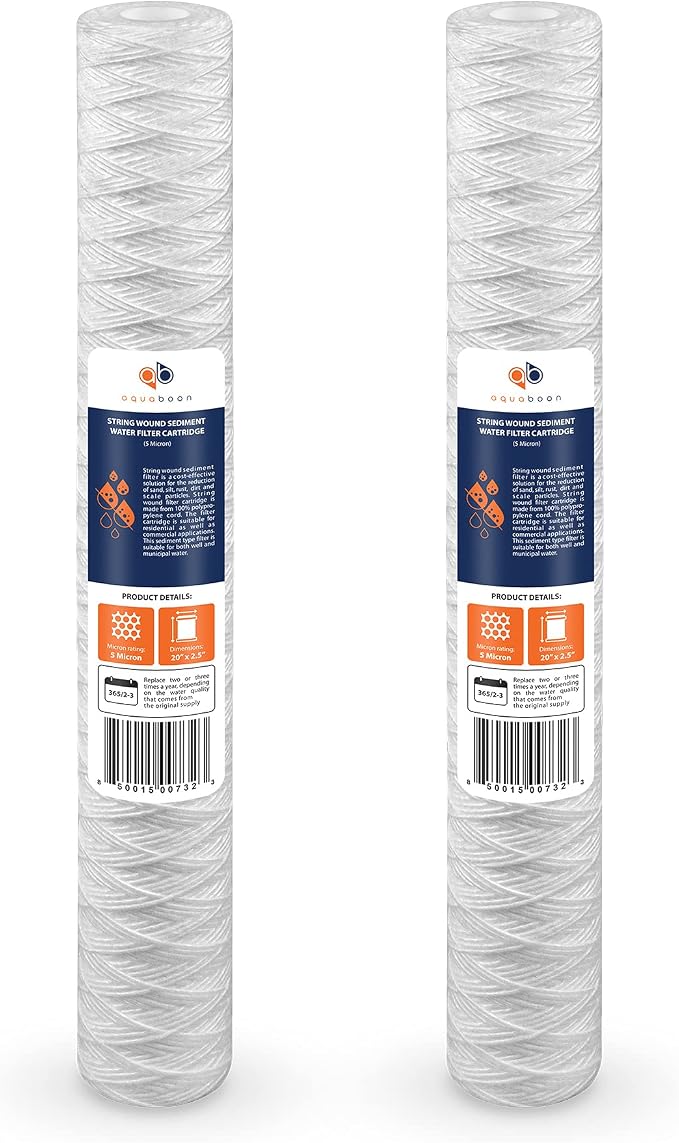 Aquaboon 5 Micron 20 x 2.5 Whole House String Wound Water Filter Replacement Cartridge for Well Water Filtration Compatible with WP5BB20P, 2-Pack