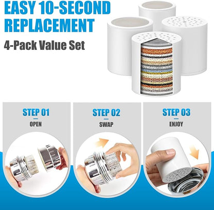 4 er High Output Shower Filter Replacement Cartridge, 25 Stage shower head filter Cartridge Suitable for People with Sensitive and Dry Skin, Filters Chlorine and Impurities Restores pH Balance