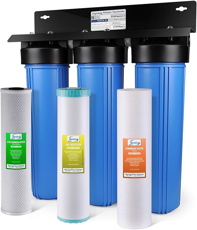 iSpring Whole House Water Filter System w/Sediment, KDF, and Carbon, 3-Stage, Heavy Metal Reducing, Model: WGB32B-KS & UVF55FS Whole House UV Water Filter with Smart Flow Sensor Switch, 55W, 12 GPM