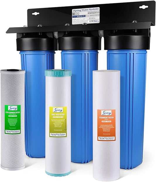 iSpring Whole House Water Filter System w/Sediment, KDF, and Carbon, 3-Stage, Heavy Metal Reducing, Model: WGB32B-KS & UVF55FS Whole House UV Water Filter with Smart Flow Sensor Switch, 55W, 12 GPM