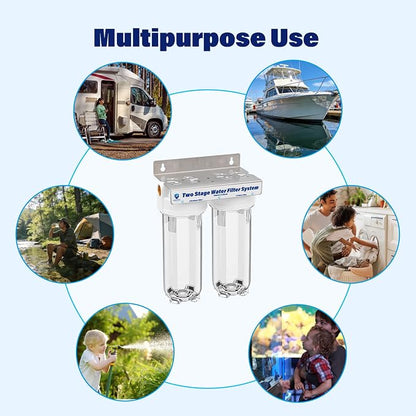 Dual Stage RV Water Filter System, Camper Water Filter, Inline Filtration for RVs, Boats, Motorhomes, Marine & Garden, with 304 SS Mounting Bracket & 3/4" GHT Garden Hose Fitting, Includes PP & CTO