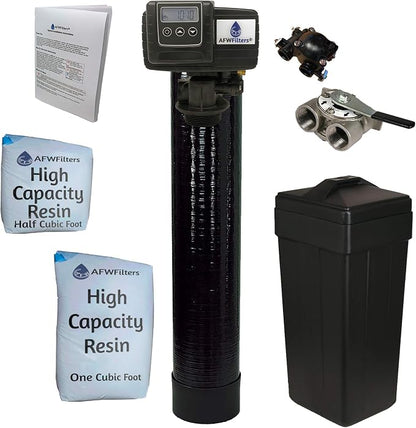 AFWFilters 1.5 Cubic Foot (48k) Whole Home Water Softener with High Capacity Resin, 1" Stainless Steel FNPT Connection, and Black Tanks