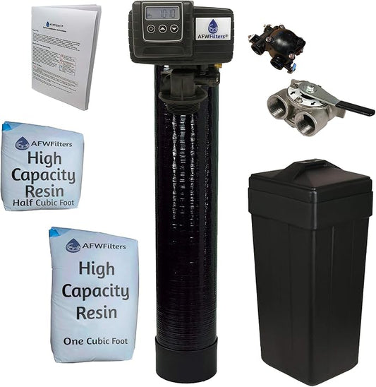 AFWFilters 1.5 Cubic Foot (48k) Whole Home Water Softener with High Capacity Resin, 1" Stainless Steel FNPT Connection, and Black Tanks