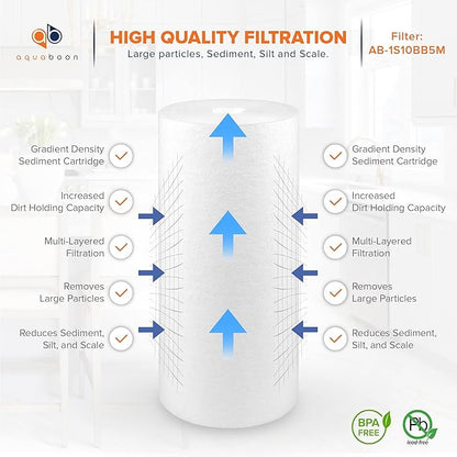 Aquaboon 5 Micron 10 x 4.5 Whole House Water Filters Cartridges Replacement Set of Carbon & Sediment Filters Compatible with FXHTC, DGD-5005, 8 Pack