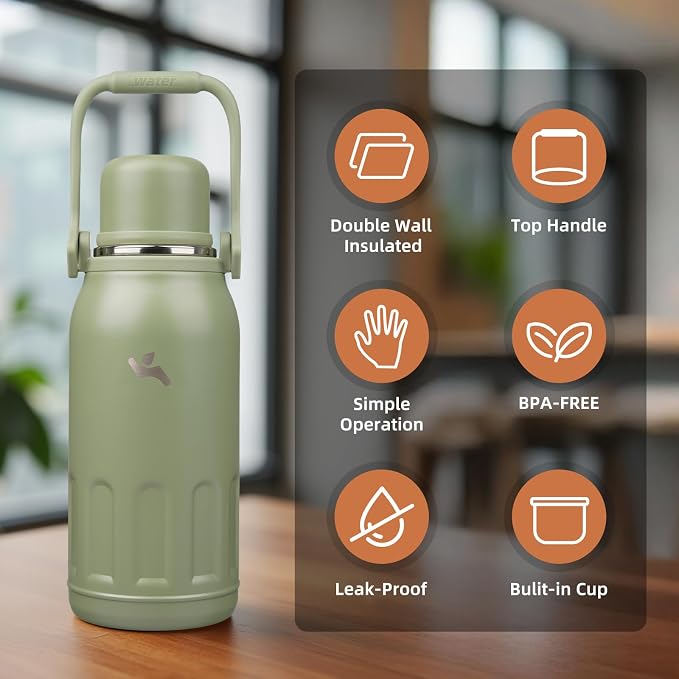 Konokyo Insulated Water Bottle with Handle and Strap,Vacuum Travel Tumbler with Cup Lid,Thermo Coffee Cup for Hot Cold Drinks 40 OZ,Army Green