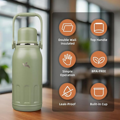 Konokyo Insulated Water Bottle with Handle and Strap,Vacuum Travel Tumbler with Cup Lid,Thermo Coffee Cup for Hot Cold Drinks 40 OZ,Army Green