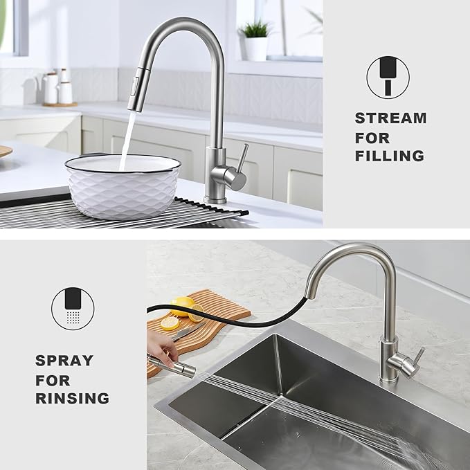 Tohlar Kitchen Sink Faucets with Pull-Down Sprayer, Modern Stainless Steel Single Handle Pull Down Sprayer Faucet with Deck Plate