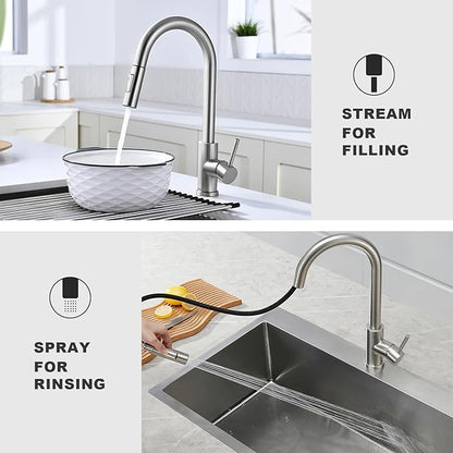 Tohlar Kitchen Sink Faucets with Pull-Down Sprayer, Modern Stainless Steel Single Handle Pull Down Sprayer Faucet with Deck Plate