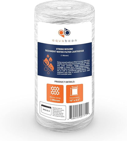 Aquaboon 1 Micron String Wound Water Filter 10x4.5 Replacement - Whole House Water Filter Cartridge Compatible with WP5BB97P,WP10BB97P, AP810, 20-Pack