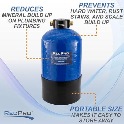 RecPro RV Water Softener Portable | Prevents Hard Water Buildup | Hose and TDS Water Test Strips Included | Cation Exchange Resin (16,000 Grain)