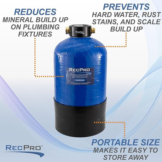 RecPro RV Water Softener Portable | Prevents Hard Water Buildup | Hose and TDS Water Test Strips Included | Cation Exchange Resin (16,000 Grain)