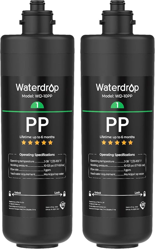 Waterdrop WD-10PP Under Sink Water Filter, Replacement for Waterdrop TSA & TSB & TSA-UF & TSB-ALK & TSB-CM & TSB-UF 3-stage Under Sink Water Filter System, Pack of 2
