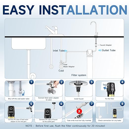 AQUALTRA USF02-BKF Under Sink Filter System, 20K Gal with Faucet, NSF/ANSI/CAN 372 Certified, Reduce PFOA, PFOS, Chlorine, Lead, Mercury, Chloramine, Fluoride, Microplastic Particles, Bad Taste & Odor