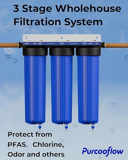 3-Stage Whole House Water Filter System, PFAS Reduction, 20x4.5 Inch, Includes PP, CTO & PFAS Carbon Block, 1" NPT Brass Ports, Drain Valves, Wrench & Install Kit