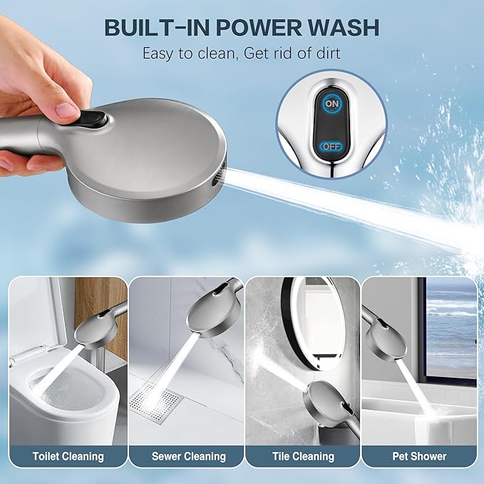 BRIGHT SHOWERS Filtered Shower Head with Handheld, High Pressure 9 Spray Mode Showerhead with Long Hose and Bracket, Water Softener Filters Beads for Hard Water - Removes Chlorine, Brushed Nickel