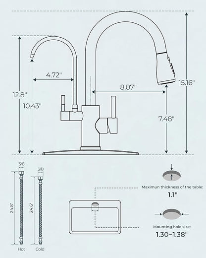 FORIOUS Black Kitchen Faucets with Water Filter, 2 in 1 Stainless Steel Pull Down Sink Faucet and Purified Water Faucet Rustic High Arc Single Handle with Detachable Deck for 1 or 3 Hole