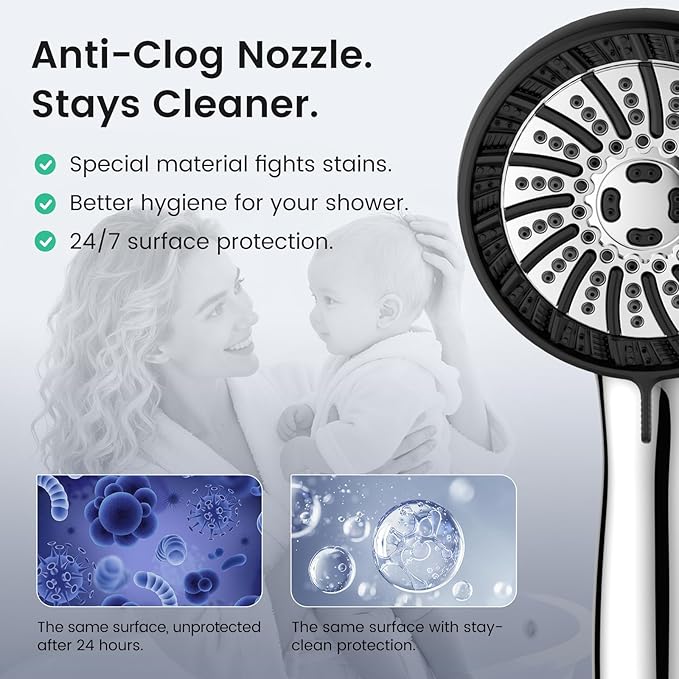 PWERAN High Pressure Shower Head with Handheld, Filtered Shower Head with 8 Mode, Water Softener Anti-clog Nozzles, Built-in Power Wash, Stainless Steel Hose,Overhead Brackets