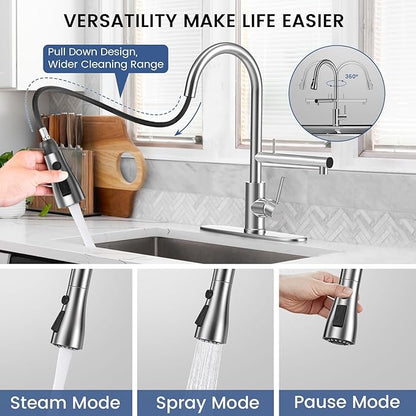 FEELSO Kitchen Faucets, Upgraded Filter Water Kitchen Faucet with Pull Down Sprayer, Brushed Nickel Stainless Steel High Arc 1 Or 3 Hole Kitchen Sink Faucet for Remove Lead, Chlorine, Bad Taste & Odor