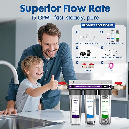Whole House Water Filter System, 3-Stage Home Water Filtration System Highly Reduces Chlorine Odor,Taste, Delivers Crisp Water for Healthier Skin, 3/4" Ports with 2 Valves, Extra 2 Sets Filter Supply